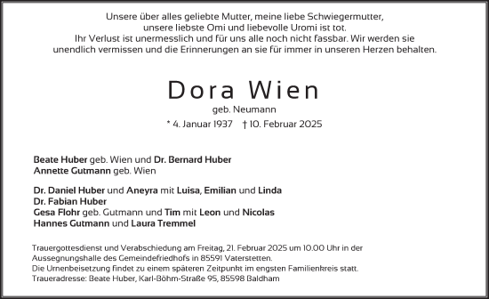Todesanzeige von Dora Wien von merkurtz