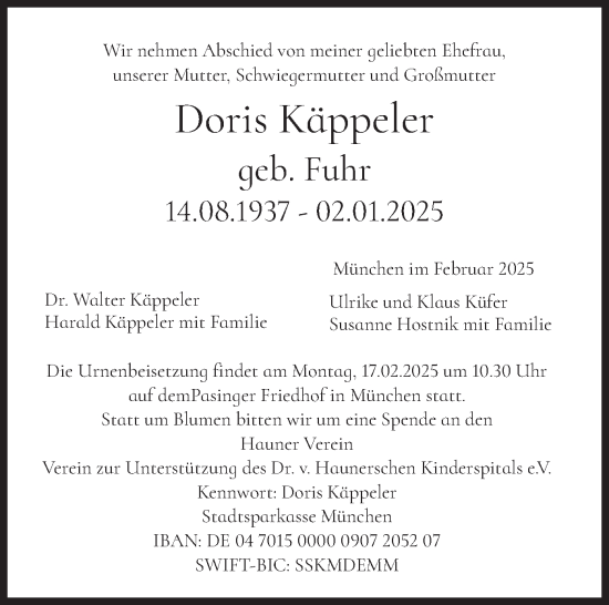 Todesanzeige von Doris Käppeler von merkurtz