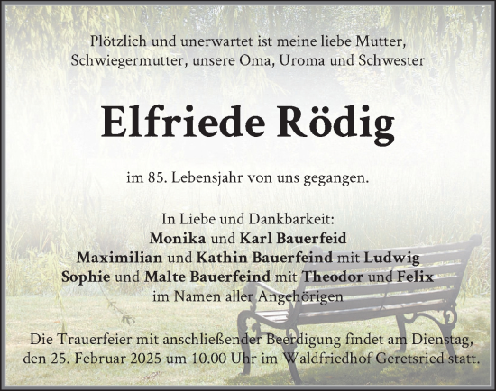 Todesanzeige von Elfriede Rödig von merkurtz