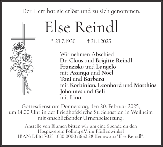 Todesanzeige von Else Reindl von merkurtz