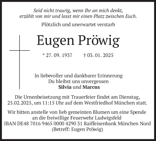 Todesanzeige von Eugen Pröwig von merkurtz