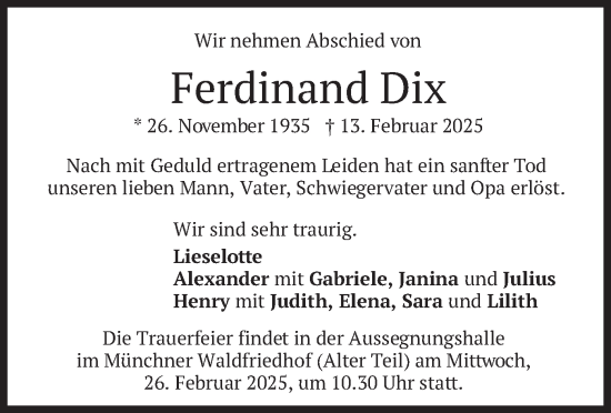 Todesanzeige von Ferdinand Dix von merkurtz