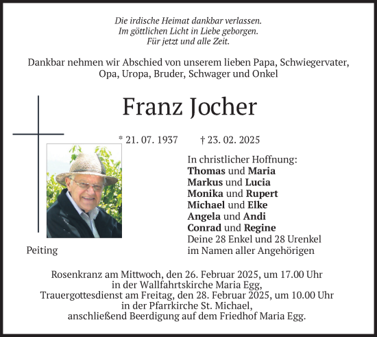 Todesanzeige von Franz Jocher von merkurtz