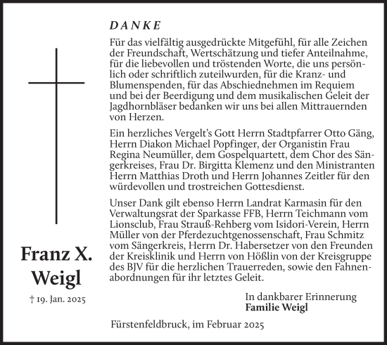 Todesanzeige von Franz Weigl von merkurtz