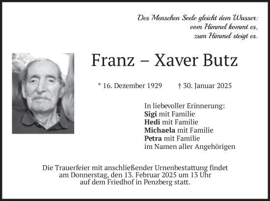 Todesanzeige von Franz-Xaver Butz von merkurtz
