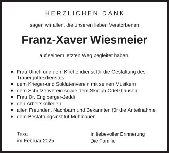Todesanzeige von Franz-Xaver Wiesmeier von merkurtz