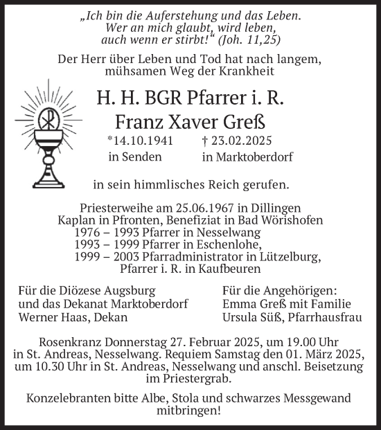 Todesanzeige von Franz Xaver Greß von merkurtz