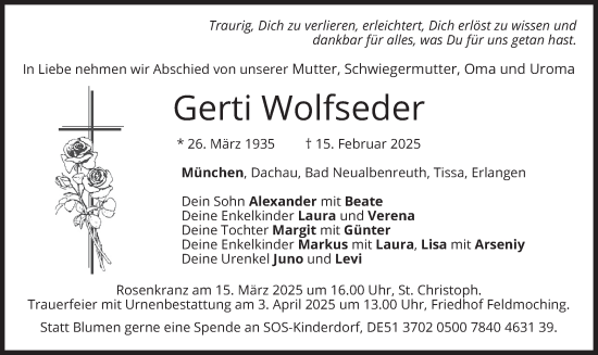 Todesanzeige von Gerti Wolfseder von merkurtz