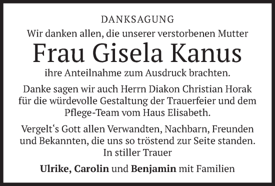 Todesanzeige von Gisela Kanus von merkurtz
