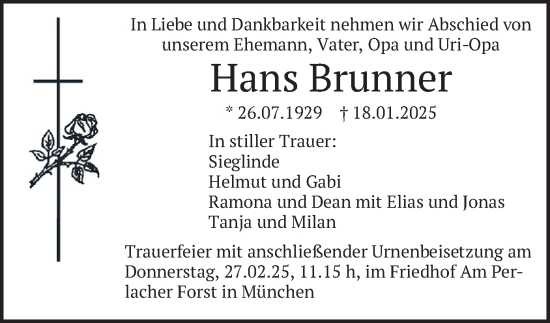 Todesanzeige von Hans Brunner von merkurtz