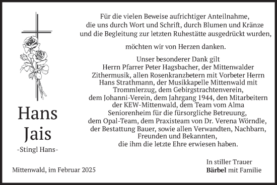 Todesanzeige von Hans Jais von merkurtz