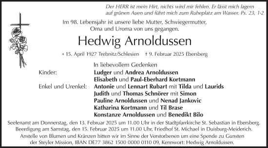 Todesanzeige von Hedwig Arnoldussen von merkurtz