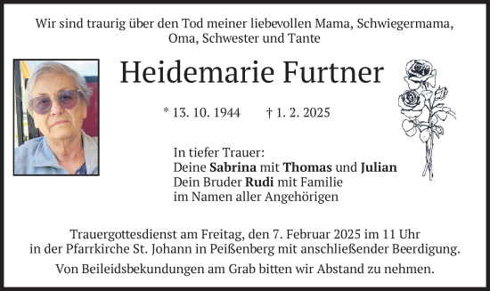 Todesanzeige von Heidemarie Furtner von merkurtz
