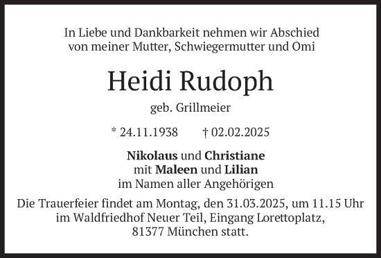 Todesanzeige von Heidi Rudoph von merkurtz