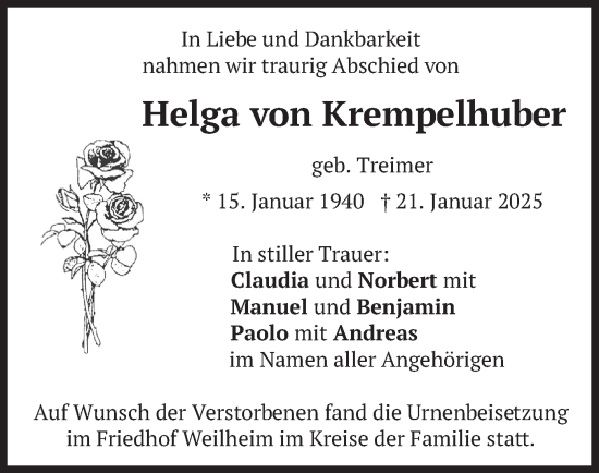 Todesanzeige von Helga von Krempelhuber von merkurtz