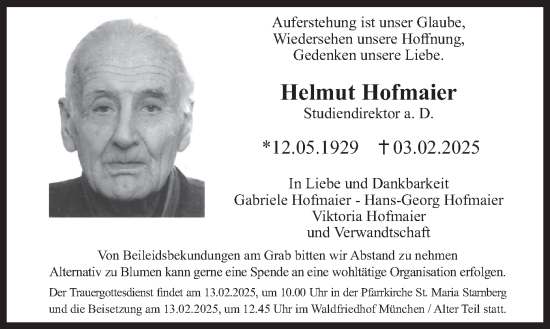 Todesanzeige von Helmut Hofmaier von merkurtz