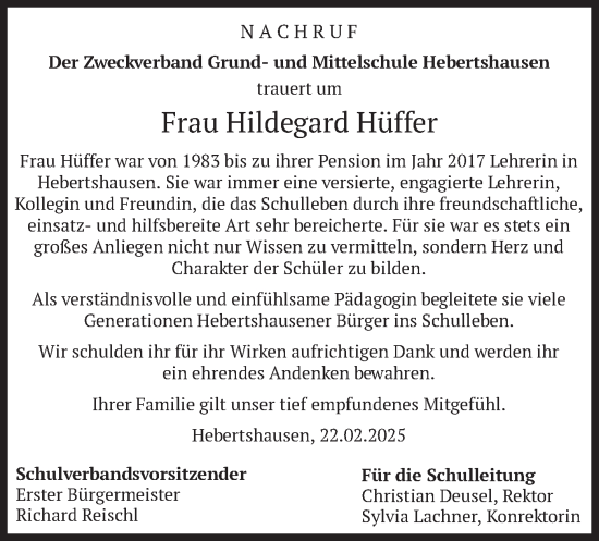 Todesanzeige von Hildegard Hüffer von merkurtz