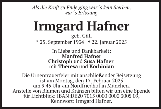 Todesanzeige von Irmgard Hafner von merkurtz