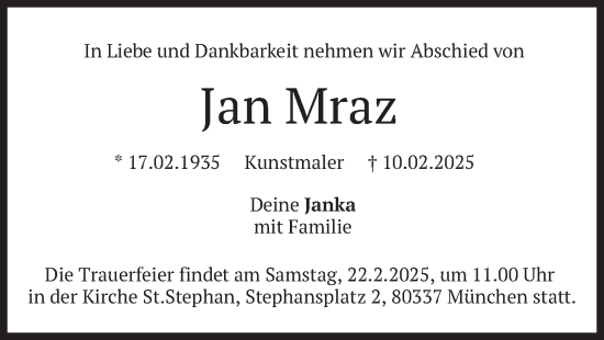 Todesanzeige von Jan Mraz von merkurtz