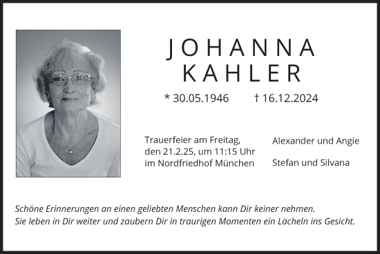 Todesanzeige von Johanna Kahler von merkurtz