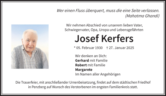 Todesanzeige von Josef Kerfers von Das Gelbe Blatt Penzberg