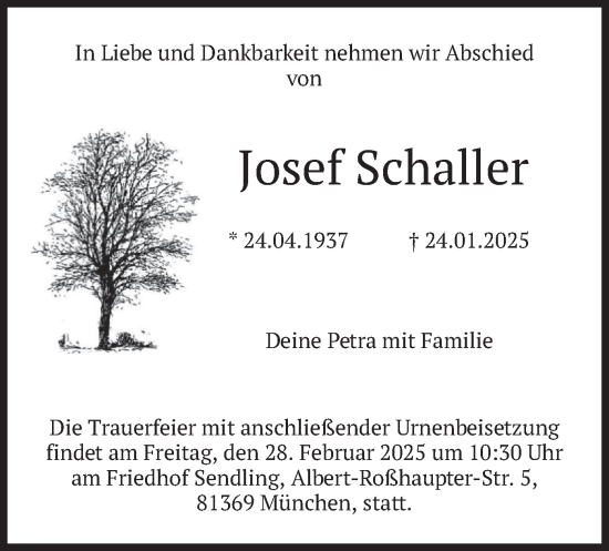 Todesanzeige von Josef Schaller von merkurtz