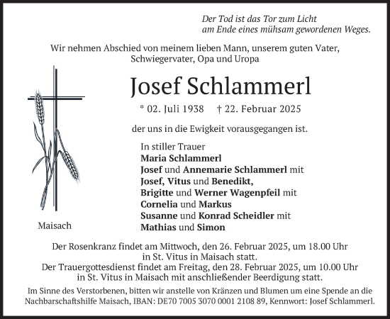 Todesanzeige von Josef Schlammerl von merkurtz