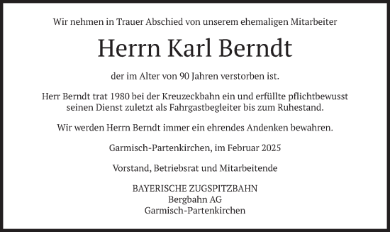 Todesanzeige von Karl Berndt von merkurtz