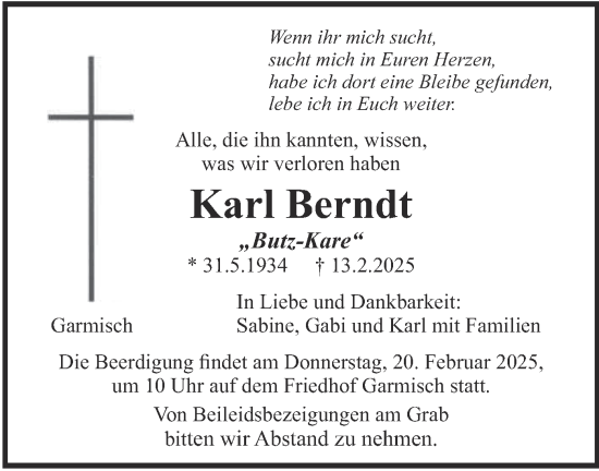 Todesanzeige von Karl Berndt von merkurtz