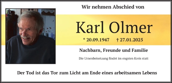 Todesanzeige von Karl Olmer von merkurtz