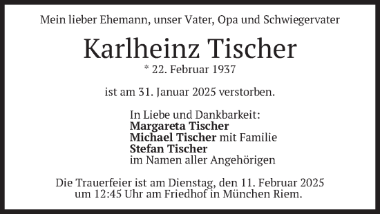 Todesanzeige von Karlheinz Tischer von merkurtz