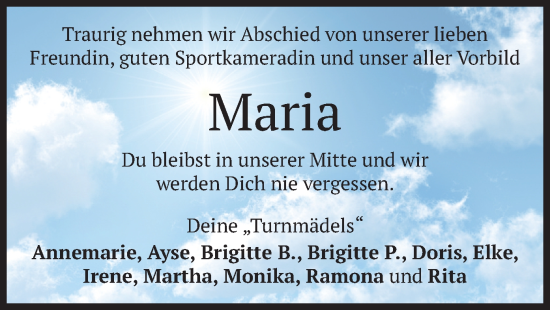 Todesanzeige von Maria  von merkurtz