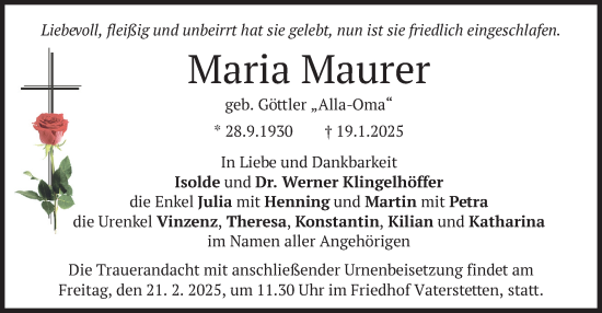 Todesanzeige von Maria Maurer von merkurtz