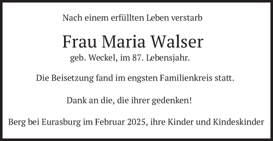 Todesanzeige von Maria Walser von merkurtz