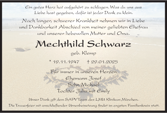 Todesanzeige von Mechthild Schwarz von merkurtz