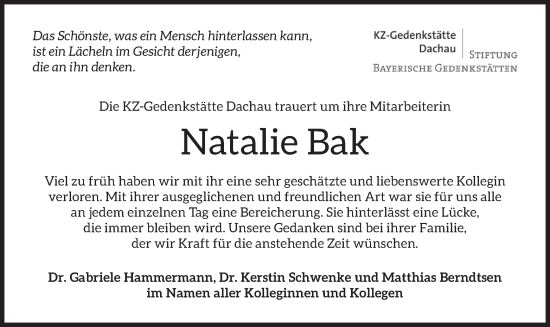 Todesanzeige von Natalie Bak von merkurtz