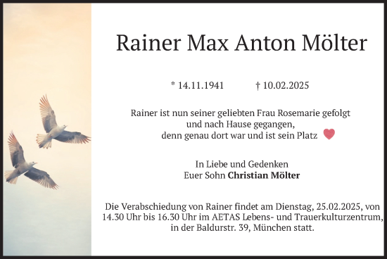 Todesanzeige von Rainer Max Anton Mölter von merkurtz