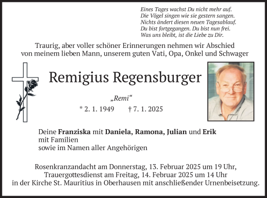 Todesanzeige von Remi Regensburger von merkurtz