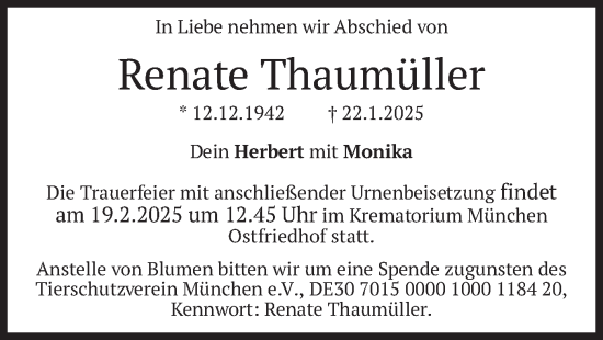 Todesanzeige von Renate Thaumüller von merkurtz