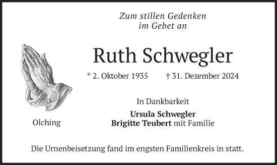 Todesanzeige von Ruth Schwegler von merkurtz