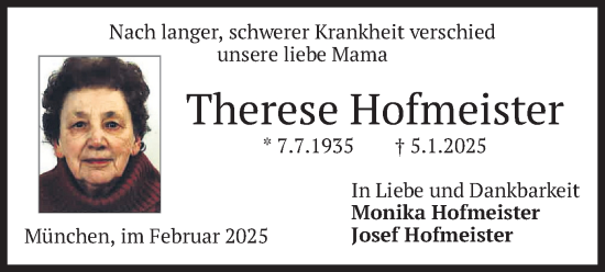 Todesanzeige von Therese Hofmeister von merkurtz