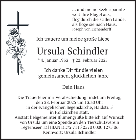 Todesanzeige von Ursula Schindler von merkurtz