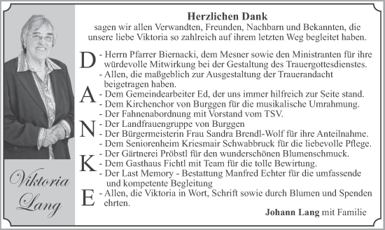 Todesanzeige von Viktoria Lang von merkurtz
