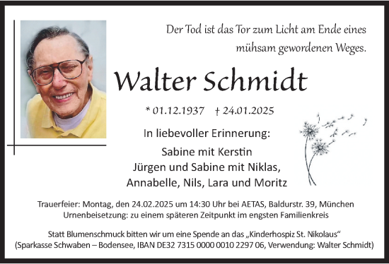 Todesanzeige von Walter Schmidt von merkurtz