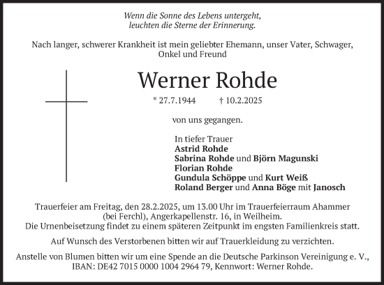 Todesanzeige von Werner Rohde von merkurtz