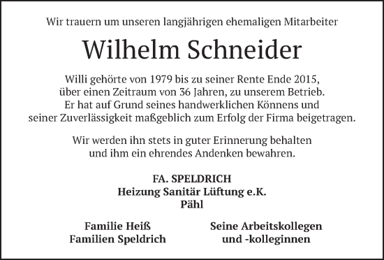 Todesanzeige von Wilhelm Schneider von merkurtz