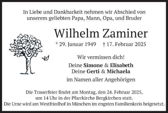 Todesanzeige von Wilhelm Zaminer von merkurtz