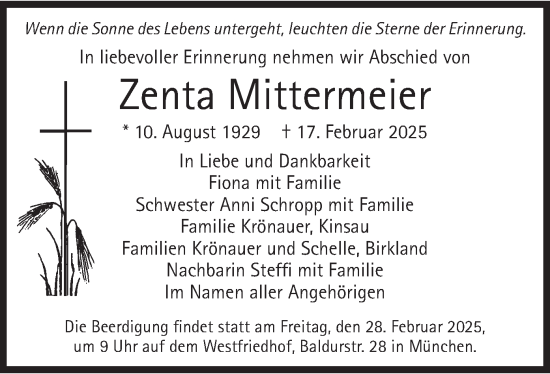 Todesanzeige von Zenta Mittermeier von merkurtz