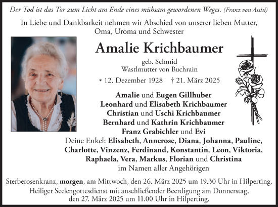 Todesanzeige von Amalie Krichbaumer von merkurtz