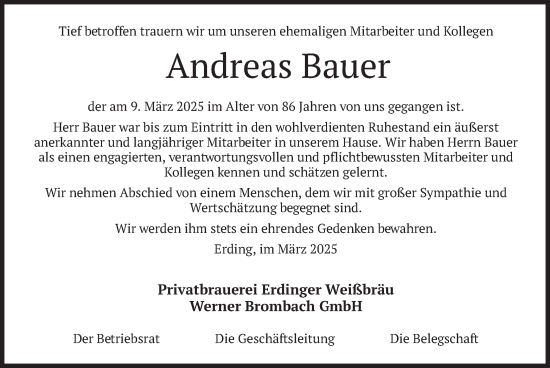 Todesanzeige von Andreas Bauer von merkurtz